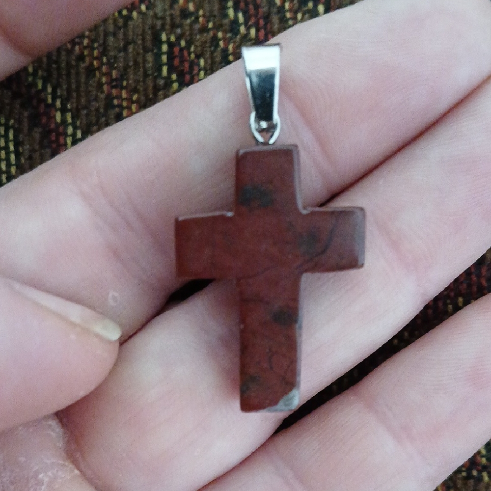 New Red Jasper Stone Carved Cross Pendant.